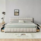 MAYEERTY Lit double king size capitonné avec tête de lit Cadre de lit solide avec tiroir pour chambre à coucher Beige