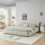 MAYEERTY Lit double king size capitonné avec tête de lit Cadre de lit solide avec tiroir pour chambre à coucher Beige