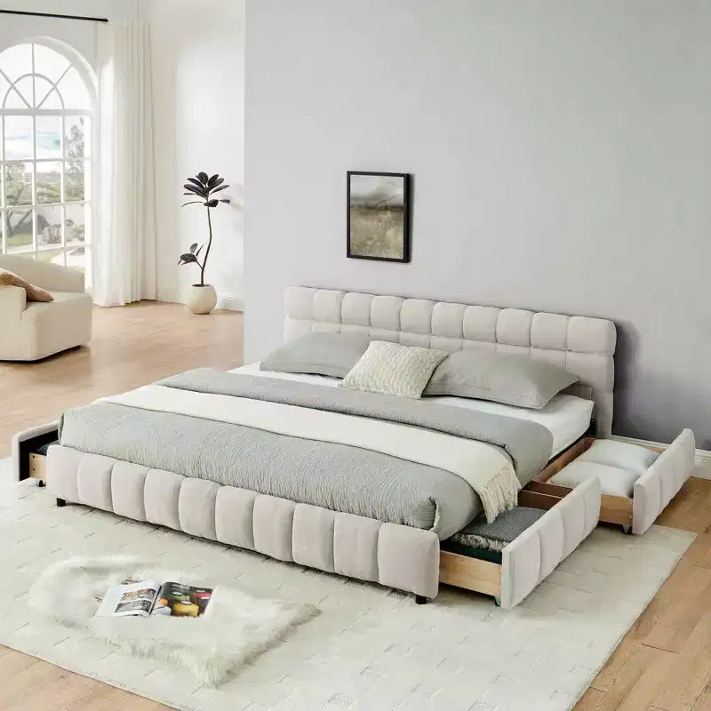 MAYEERTY Lit double king size capitonné avec tête de lit Cadre de lit solide avec tiroir pour chambre à coucher Beige