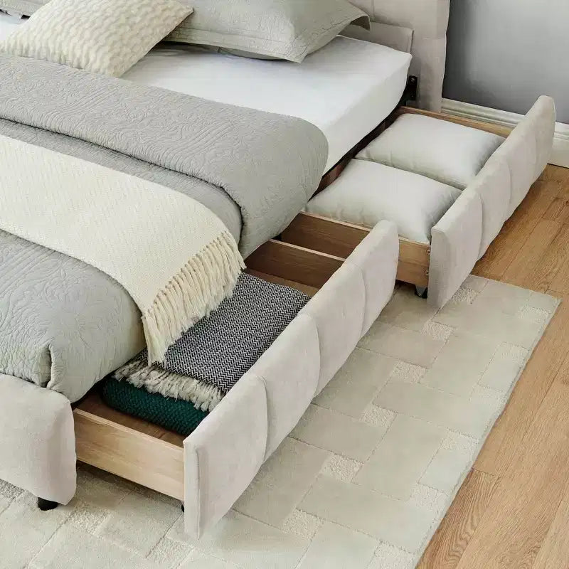 MAYEERTY Lit double king size capitonné avec tête de lit Cadre de lit solide avec tiroir pour chambre à coucher Beige