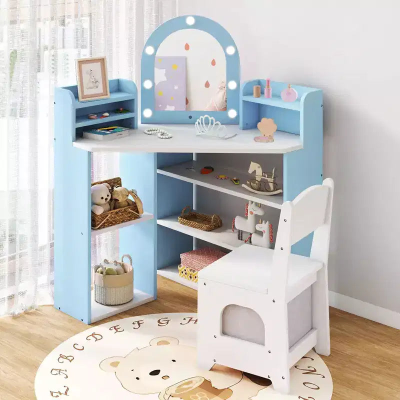 Coiffeuse d'angle pour enfants Costway avec lumières, 3 étagères de rangement, 5 compartiments ouverts, accessoires Rose/Bleu + Blanc