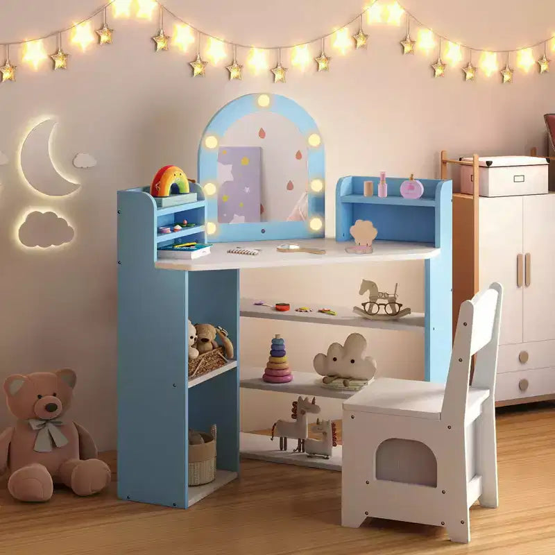 Coiffeuse d'angle pour enfants Costway avec lumières, 3 étagères de rangement, 5 compartiments ouverts, accessoires Rose/Bleu + Blanc