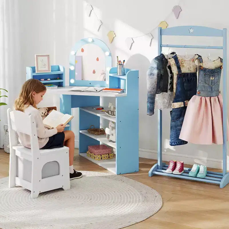 Coiffeuse d'angle pour enfants Costway avec lumières, 3 étagères de rangement, 5 compartiments ouverts, accessoires Rose/Bleu + Blanc
