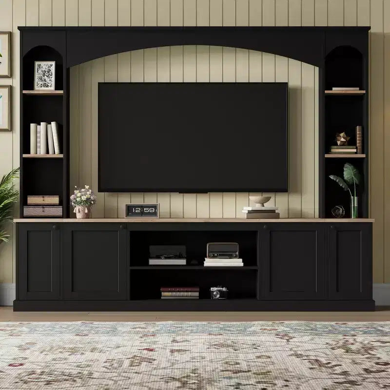Meuble TV Whisen 91, meuble de rangement mural arqué, meuble TV de style ferme avec étagères, grain de bois pour téléviseurs jusqu'à 70 pouces