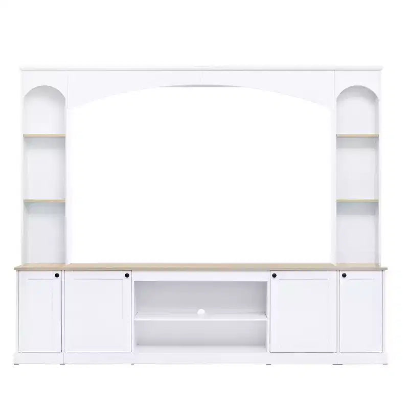 Meuble TV Whisen 91, meuble de rangement mural arqué, meuble TV de style ferme avec étagères, grain de bois pour téléviseurs jusqu'à 70 pouces