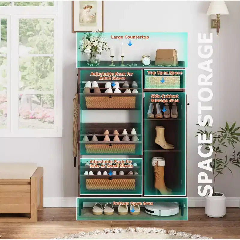 Meuble de rangement à chaussures en rotin à 4 niveaux avec 3 tiroirs basculants, Organisateur de chaussures sur pied avec étagères réglables pour entrée, placard, couloir