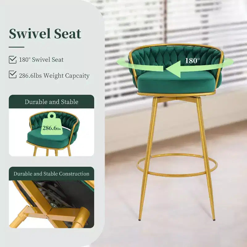 TUYOHW Lot de 2 tabourets de bar pivotants de 80 cm, tabourets de bar de luxe avec base en métal doré et dossier tressé à la main, capacité de 130 kg