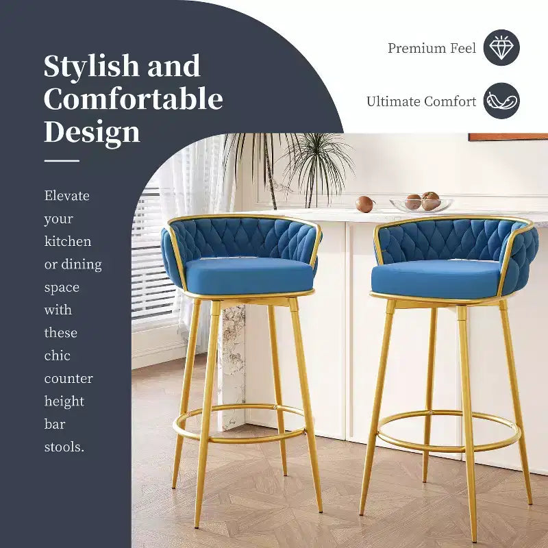 TUYOHW Lot de 2 tabourets de bar pivotants de 80 cm, tabourets de bar de luxe avec base en métal doré et dossier tressé à la main, capacité de 130 kg