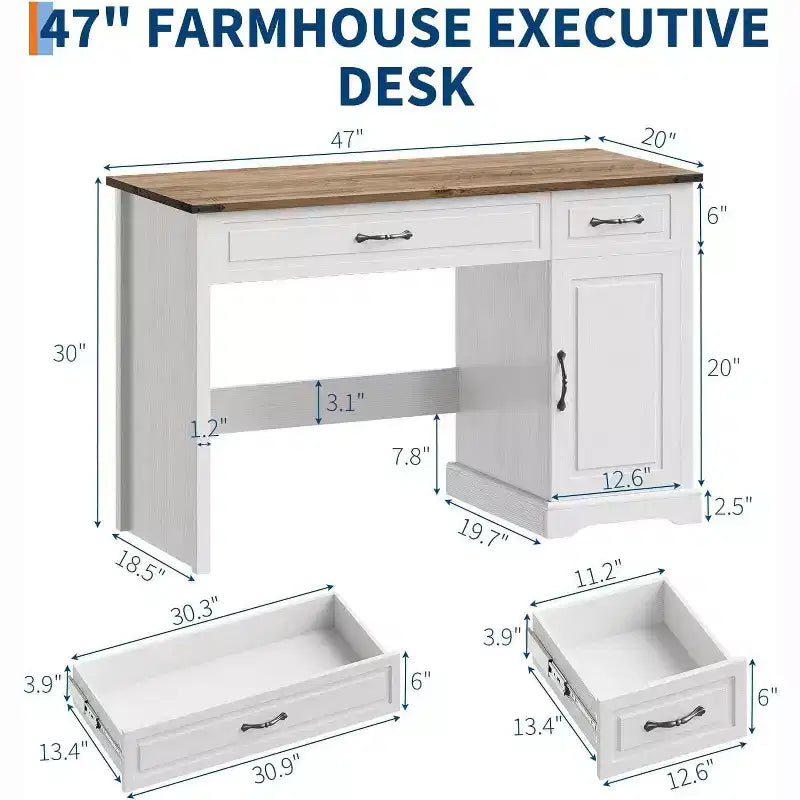 Bureau exécutif de ferme de 47 pouces avec tiroirs et armoire de rangement - Poste de travail rustique pour bureau à domicile/étude/chambre à coucher, blanc antique