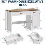 Bureau exécutif de ferme de 47 pouces avec tiroirs et armoire de rangement - Poste de travail rustique pour bureau à domicile/étude/chambre à coucher, blanc antique