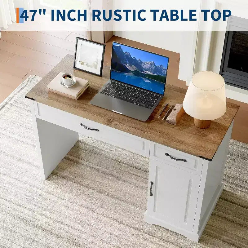 Bureau exécutif de ferme de 47 pouces avec tiroirs et armoire de rangement - Poste de travail rustique pour bureau à domicile/étude/chambre à coucher, blanc antique