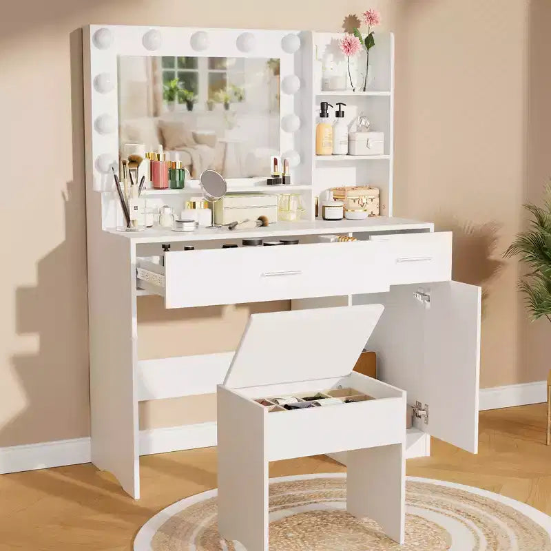 Coiffeuse ALAULM avec éclairage LED 3 couleurs, miroir, tiroirs de différentes tailles et tabouret, coiffeuse de style moderne, pour chambre, blanc