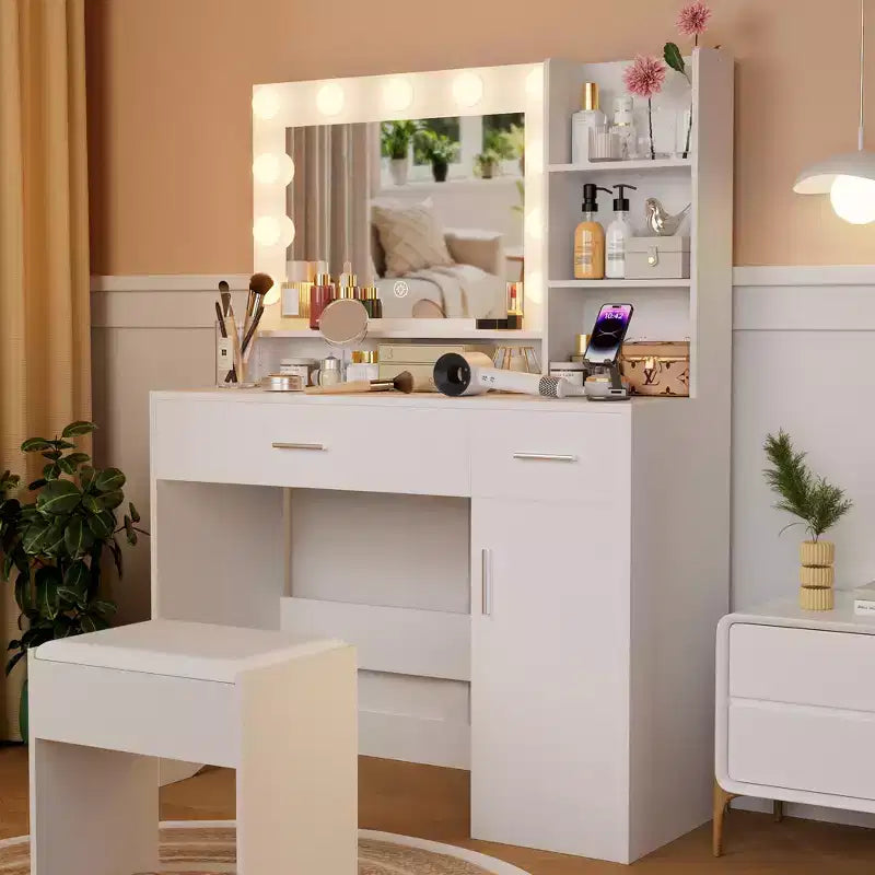 Coiffeuse ALAULM avec éclairage LED 3 couleurs, miroir, tiroirs de différentes tailles et tabouret, coiffeuse de style moderne, pour chambre, blanc