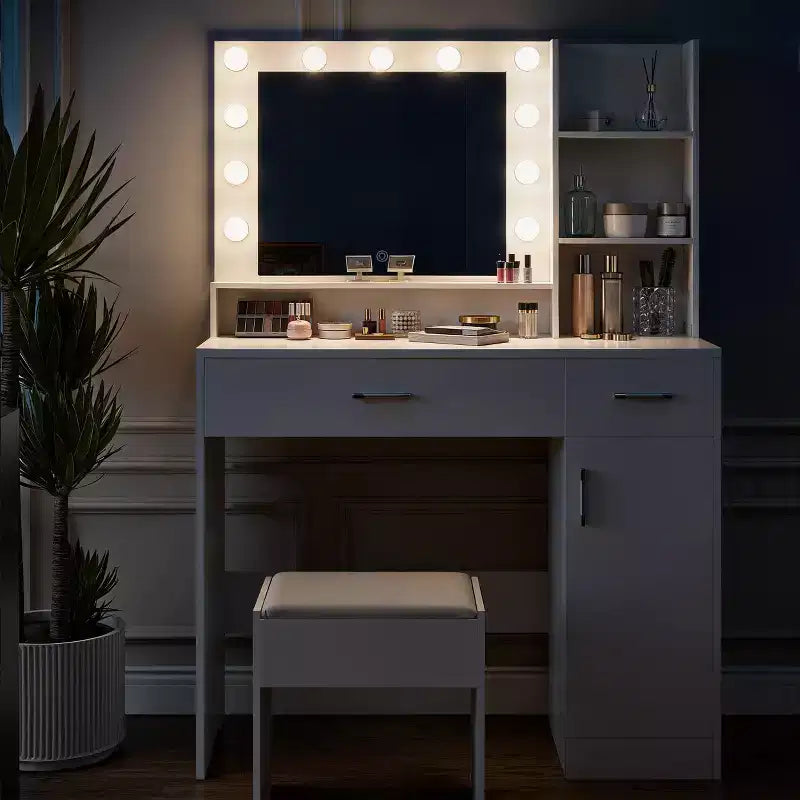 Coiffeuse ALAULM avec éclairage LED 3 couleurs, miroir, tiroirs de différentes tailles et tabouret, coiffeuse de style moderne, pour chambre, blanc