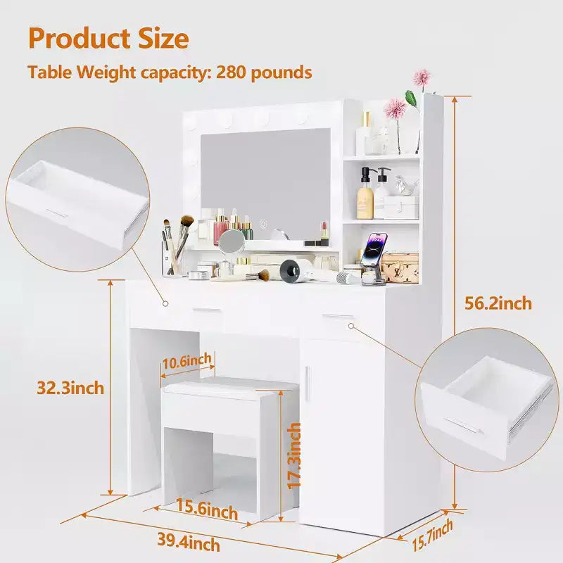 Coiffeuse ALAULM avec éclairage LED 3 couleurs, miroir, tiroirs de différentes tailles et tabouret, coiffeuse de style moderne, pour chambre, blanc