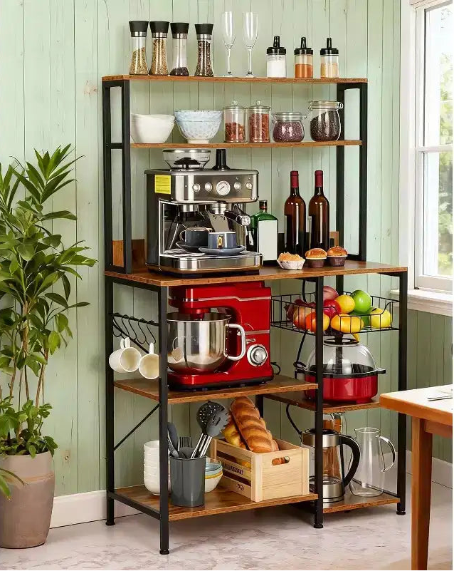 Kitchen Bakers Rack 55 * 66inch, Microwave Oven Stand with Storage 4 Tiers, Coffee Bar Table with 6 S Hooks, Kitchen Storage Shelf Rack for Pots