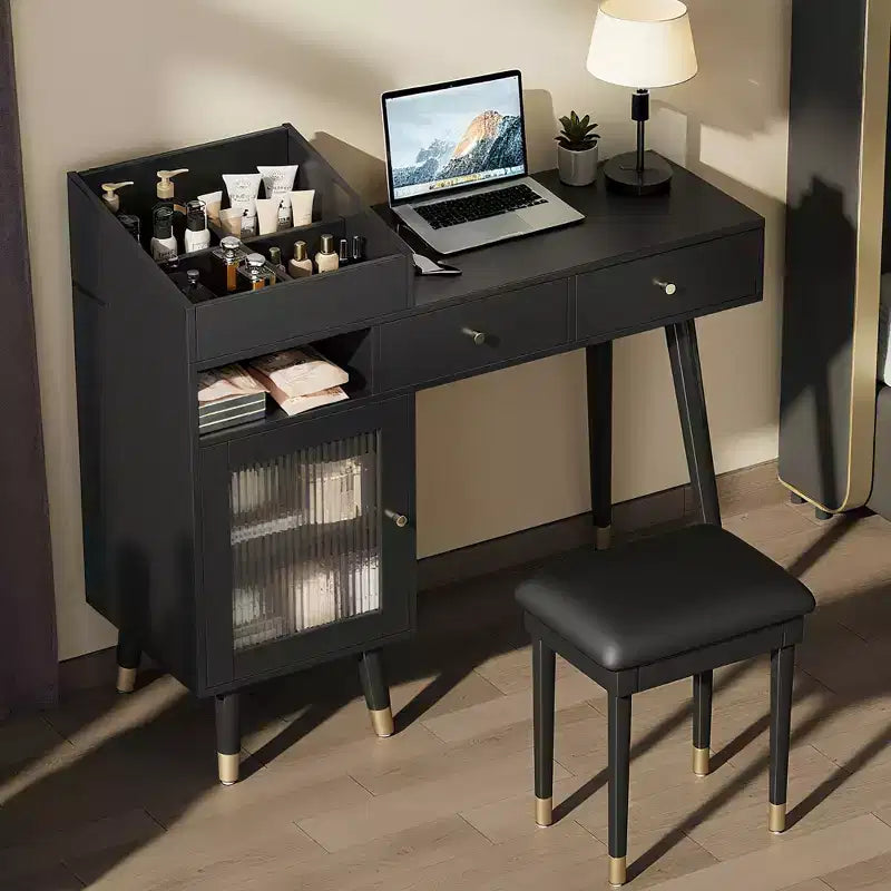 Coiffeuse moderne Okak avec tabouret rembourré, table de maquillage avec tiroirs, armoire et port de charge, coiffeuse pour petit espace, noir