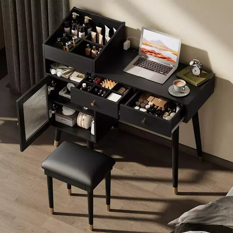 Coiffeuse moderne Okak avec tabouret rembourré, table de maquillage avec tiroirs, armoire et port de charge, coiffeuse pour petit espace, noir