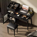 Coiffeuse moderne Okak avec tabouret rembourré, table de maquillage avec tiroirs, armoire et port de charge, coiffeuse pour petit espace, noir