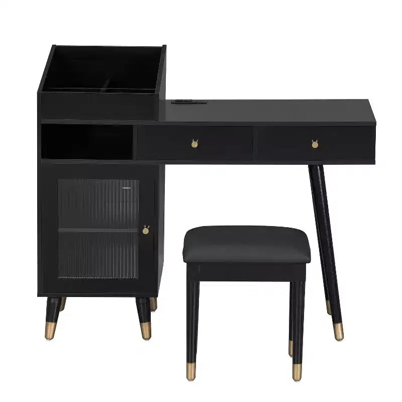 Coiffeuse moderne Okak avec tabouret rembourré, table de maquillage avec tiroirs, armoire et port de charge, coiffeuse pour petit espace, noir