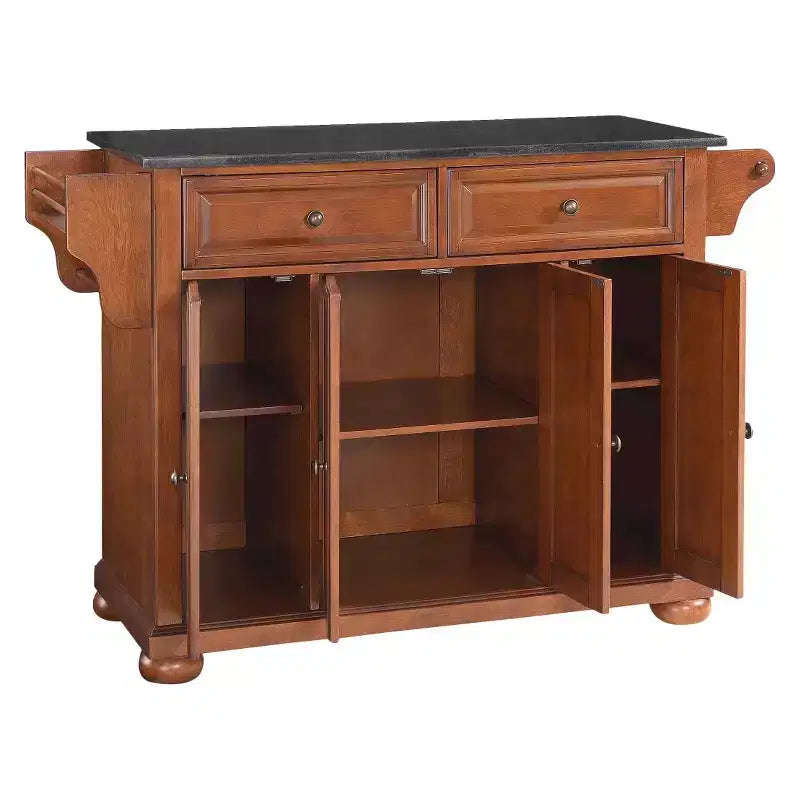 Crosley Alexandria Îlot de cuisine avec plateau en granit noir - Bois et Cerisier : Cadre en bois dur, porte-serviettes, 6 étagères, 2 tiroirs