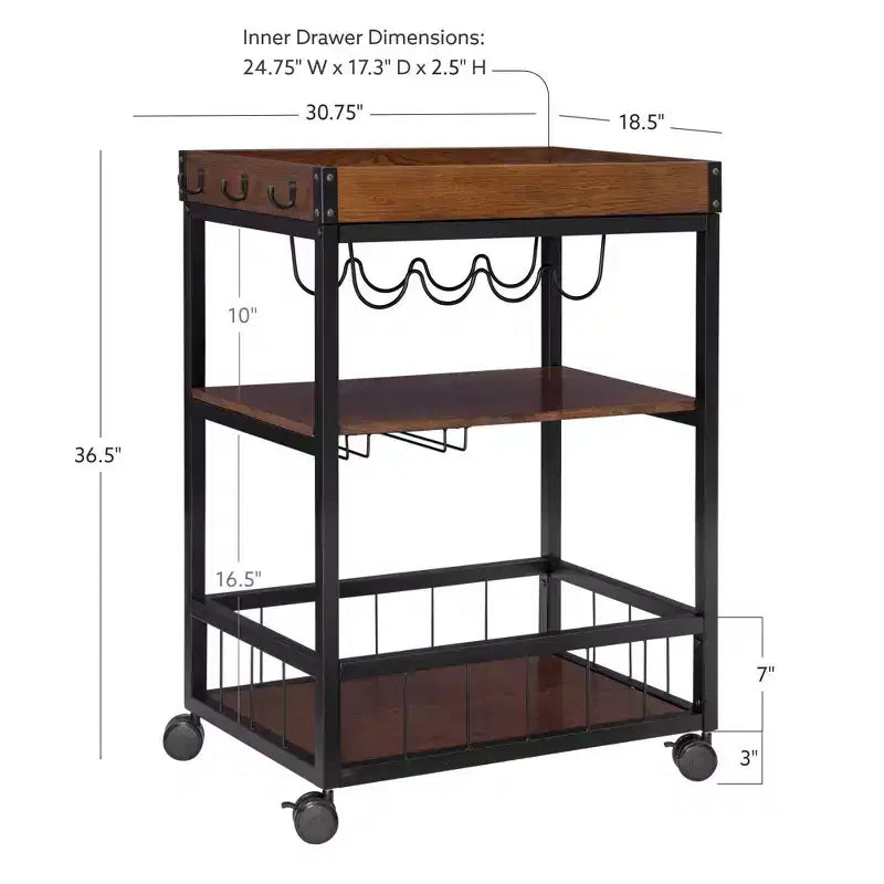 Chariot de cuisine industriel en métal et bois Austin 3 étagères, porte-bouteilles et verres, rangement sur roulettes - Linon