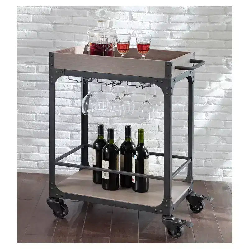 Desserte et casier à vin Franklin gris patiné - Threshold™ : Chariot de service de boissons de style vintage avec roues verrouillables