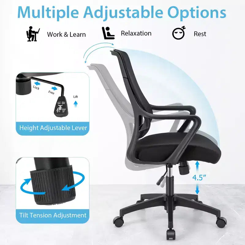 Costway Chaise de Bureau Ergonomique Hauteur Réglable avec Accoudoirs et Dossier en Maille Respirante